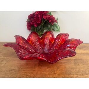 Vintage Ruby Red Art Glass Leaf Bowl Large Sculptural Centrepiece Dish Decor